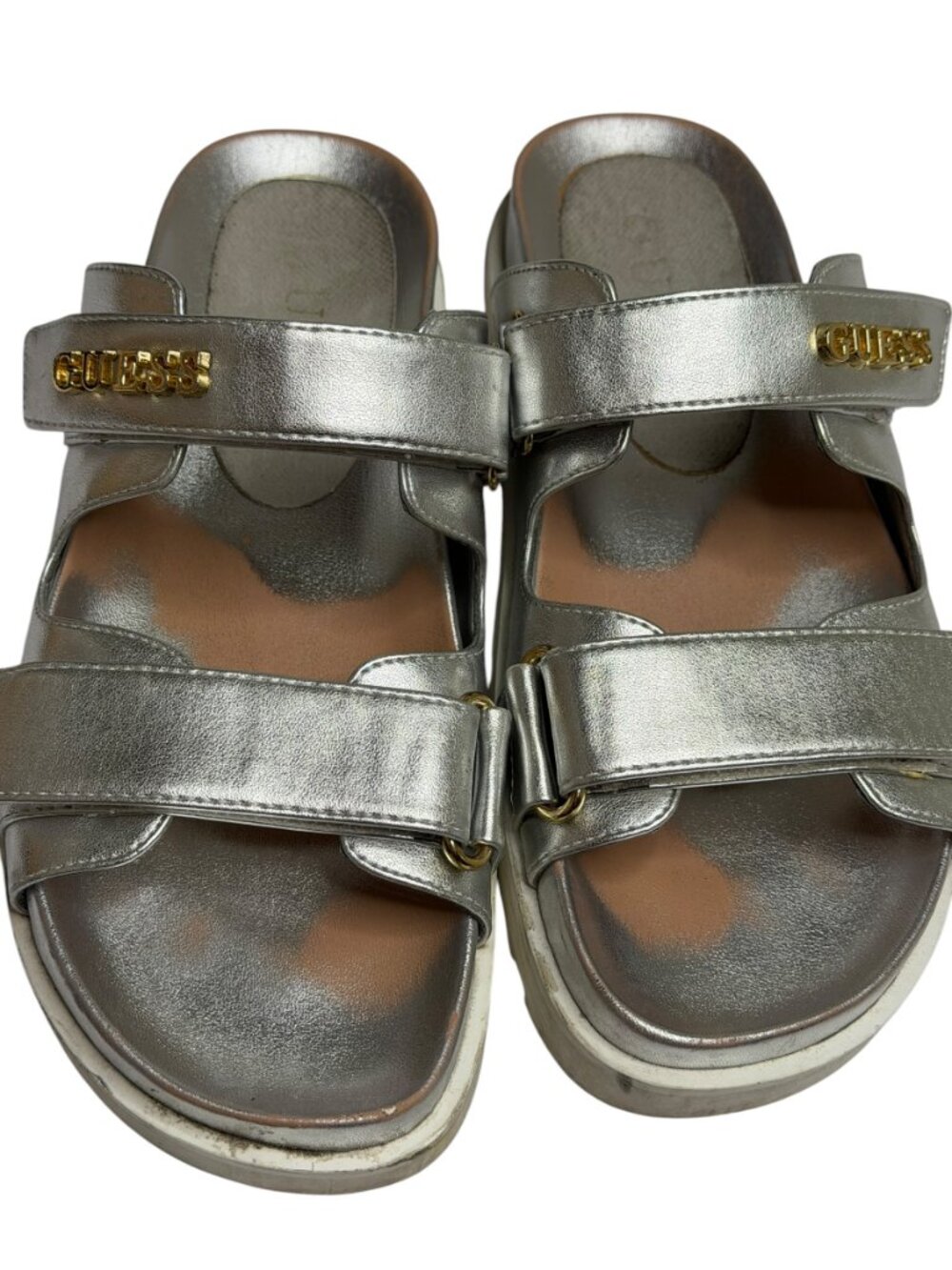 Guess Fabulon Sandals Shoes Faux Leather Slip On Women Metallic Silver 8.5 - Picture 4 of 12
